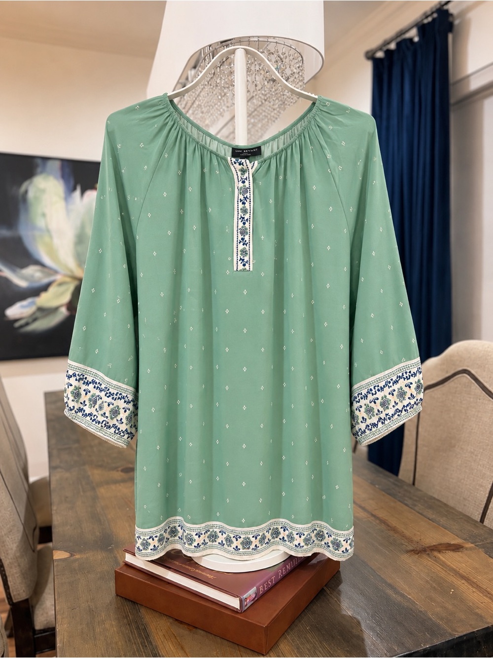 Lane Bryant Mint Green Embroidered Tunic with Blue Trim